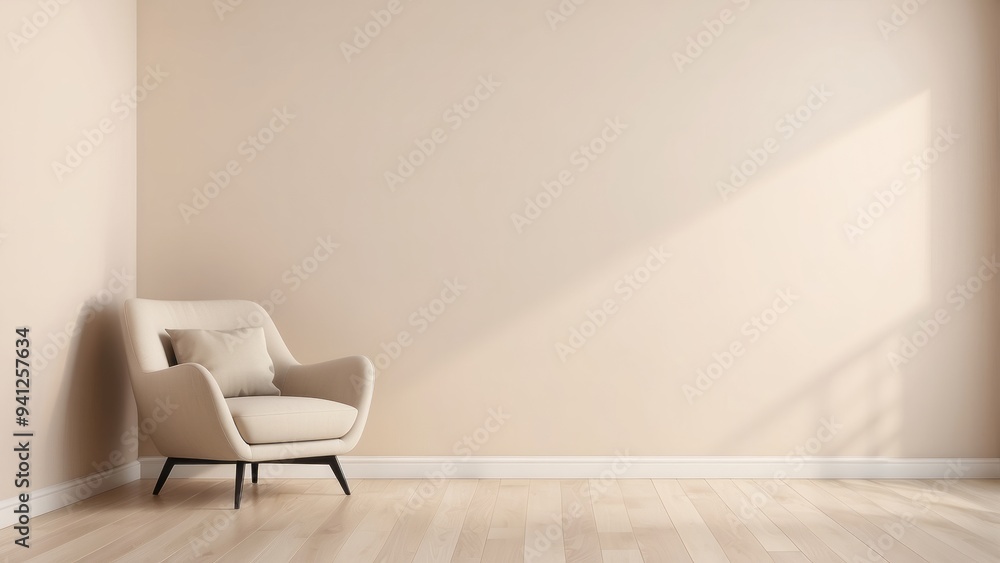 Beige Armchair in a Minimalist Room with Light Streaming in Beige Armchair in a Minimalist Room with Light Streaming in
