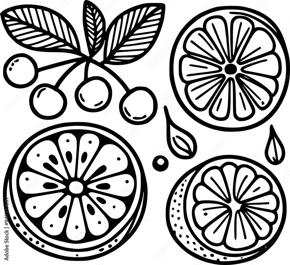 set of lemon, slice, leaf, and pistil in doodle vintage design. set of lemon, slice, leaf, and pistil in doodle vintage design.