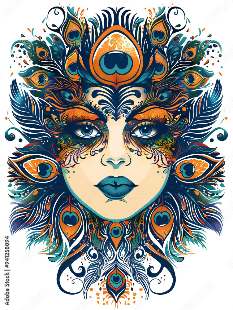 Beautiful womans face wearing peacock costume very simple traditional tattoo flash styles illustration
