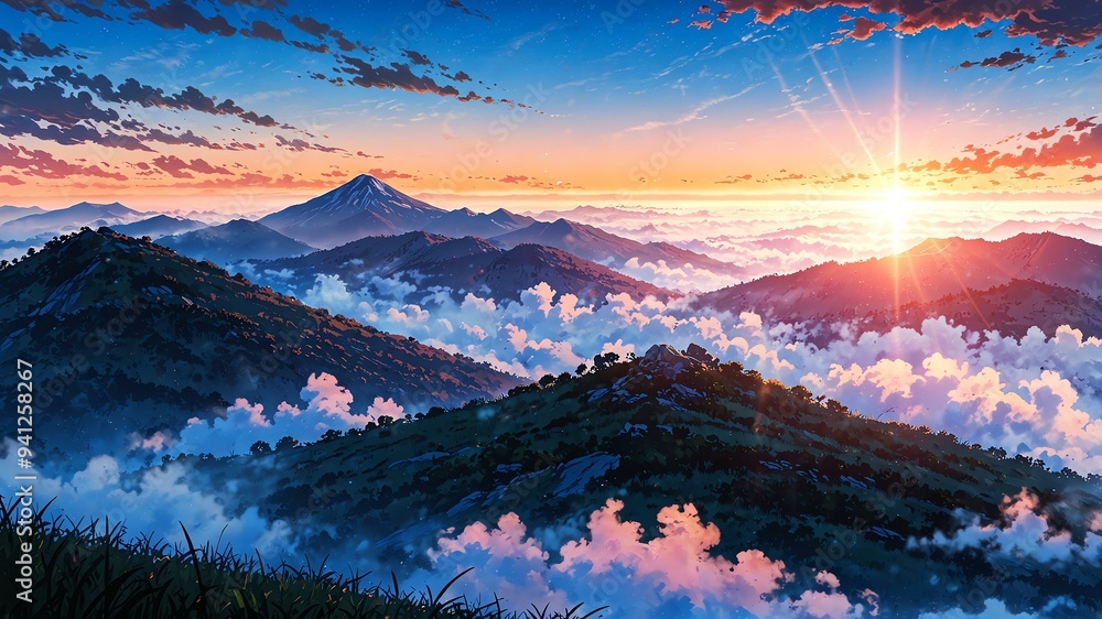 tranquil sunrise over a misty mountain range with soft background tranquil sunrise over a misty mountain range with soft background
