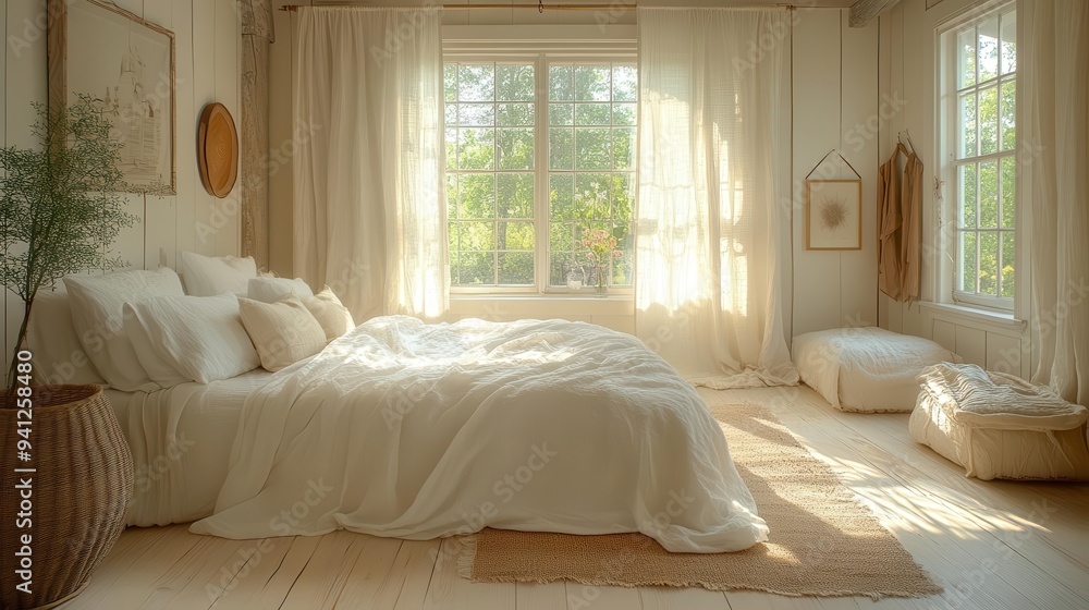 Fototapeta premium serene farmhouse bedroom soft natural light filtering through sheer curtains rustic wooden elements creating cozy atmosphere