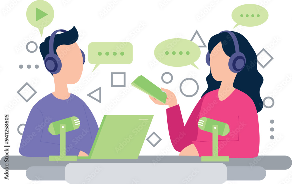 A boy and a girl are talking in a podcast. A boy and a girl are talking in a podcast.