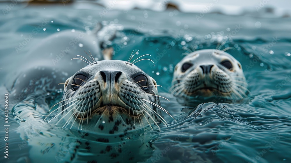 Fototapeta premium Two Harbor Seals Swimming in the Ocean