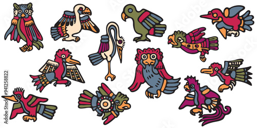 A set of tribal birds. Aztec style Mexican designs