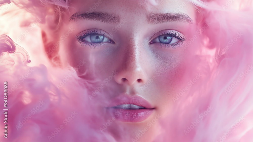 A woman's face with ethereal features is surrounded by soft pink smoke, evoking serenity and wonder. A woman's face with ethereal features is surrounded by soft pink smoke, evoking serenity and wonder.