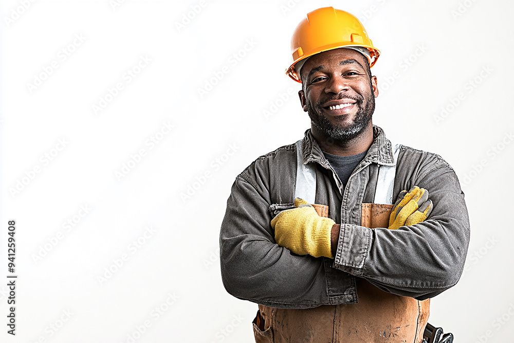 Worker wearing hard hat smiling positively Worker wearing hard hat smiling positively