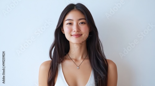 A beautiful Japanese woman with long flowing hair smiles radiantly in a white sleeveless top. The simplicity of the outfit and her joyful expression make.