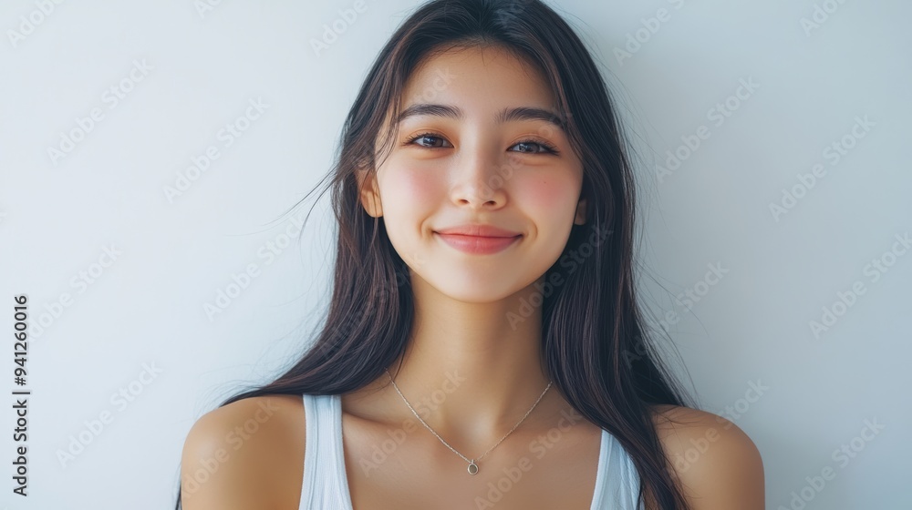 A beautiful Japanese woman with long flowing hair smiles radiantly in a white sleeveless top. The simplicity of the outfit and her joyful expression make. A beautiful Japanese woman with long flowing hair smiles radiantly in a white sleeveless top. The simplicity of the outfit and her joyful expression make.