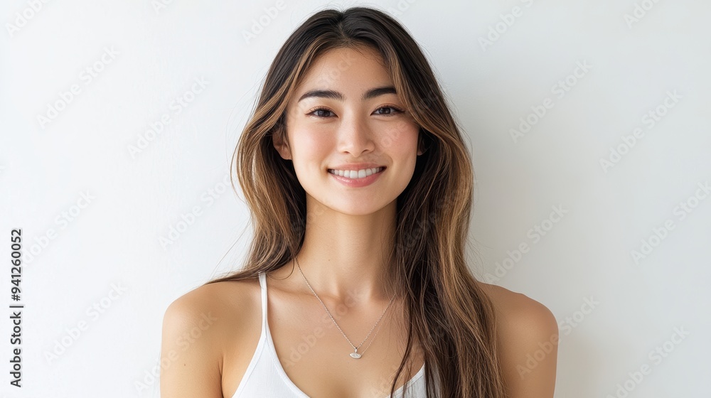 A beautiful Japanese woman with long flowing hair smiles radiantly in a white sleeveless top. The simplicity of the outfit and her joyful expression make. A beautiful Japanese woman with long flowing hair smiles radiantly in a white sleeveless top. The simplicity of the outfit and her joyful expression make.