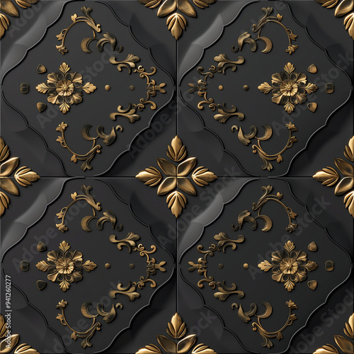 3d rendering abstract texture black and gold floral pattern background. AI generation.
