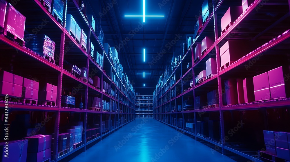 Fototapeta premium Futuristic warehouse at night with neon lights, organized chaos, long exposure effect