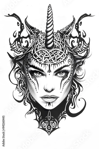 Beautiful womans face wearing unicorn costume very simple traditional tattoo flash styles illustration