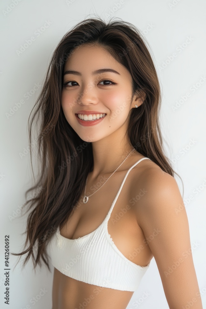 A beautiful Japanese woman with long flowing hair smiles radiantly in a white sleeveless top. The simplicity of the outfit and her joyful expression make. A beautiful Japanese woman with long flowing hair smiles radiantly in a white sleeveless top. The simplicity of the outfit and her joyful expression make.