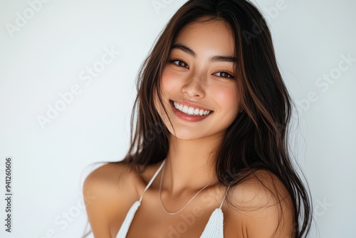 A beautiful Japanese woman with long flowing hair smiles radiantly in a white sleeveless top. The simplicity of the outfit and her joyful expression make.