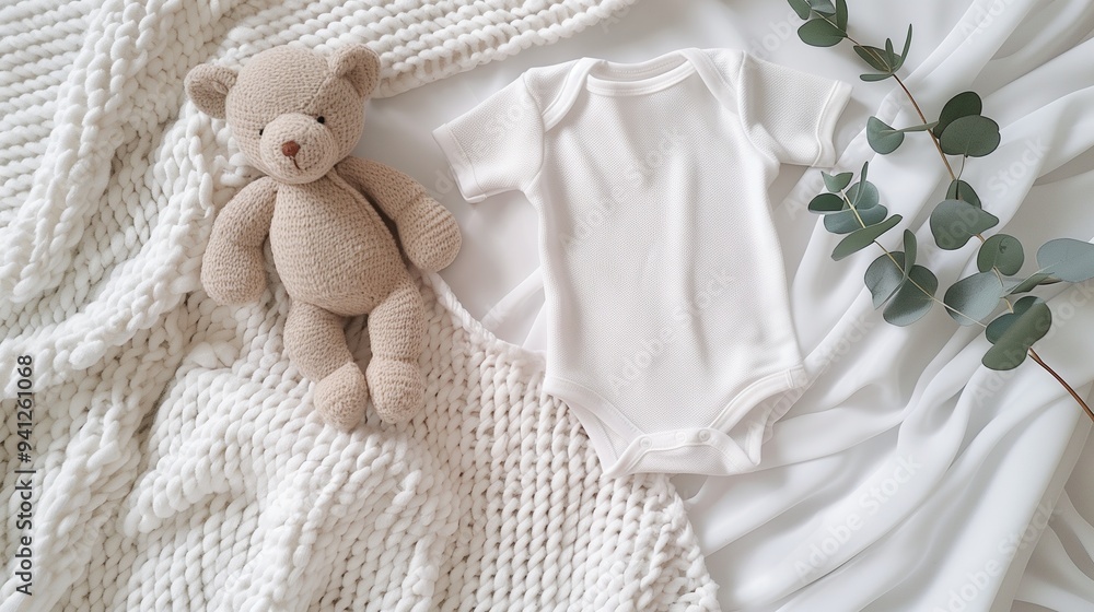 Soft White Baby Bodysuit with Plush Teddy Bear on Cozy Knitted Blanket in a Nursery Setting Soft White Baby Bodysuit with Plush Teddy Bear on Cozy Knitted Blanket in a Nursery Setting
