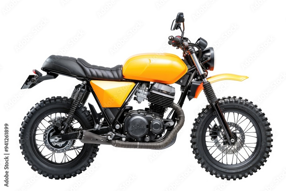 A motorcycle with a simple design and minimal accessories is placed on a clean white background A motorcycle with a simple design and minimal accessories is placed on a clean white background