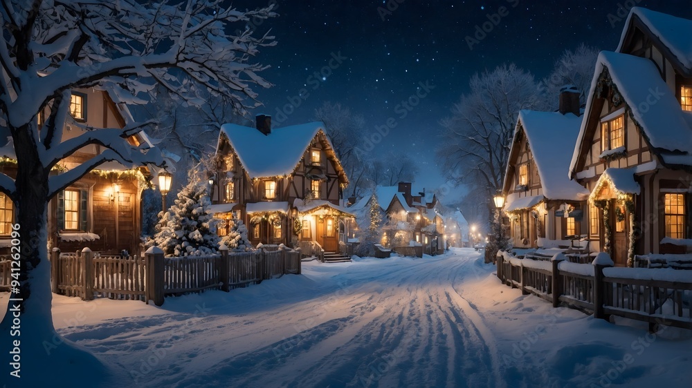 Enchanting winter village with snow-covered rooftops and glowing lights under a starry evening sky Enchanting winter village with snow-covered rooftops and glowing lights under a starry evening sky