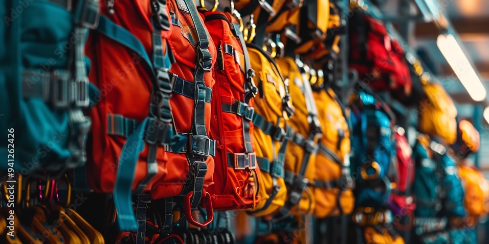 Fototapeta premium An portrait&nbsp;of a well-organized industrial safety harness and fall protection equipment arranged in a row against a hazy background and space for text, Generative AI.