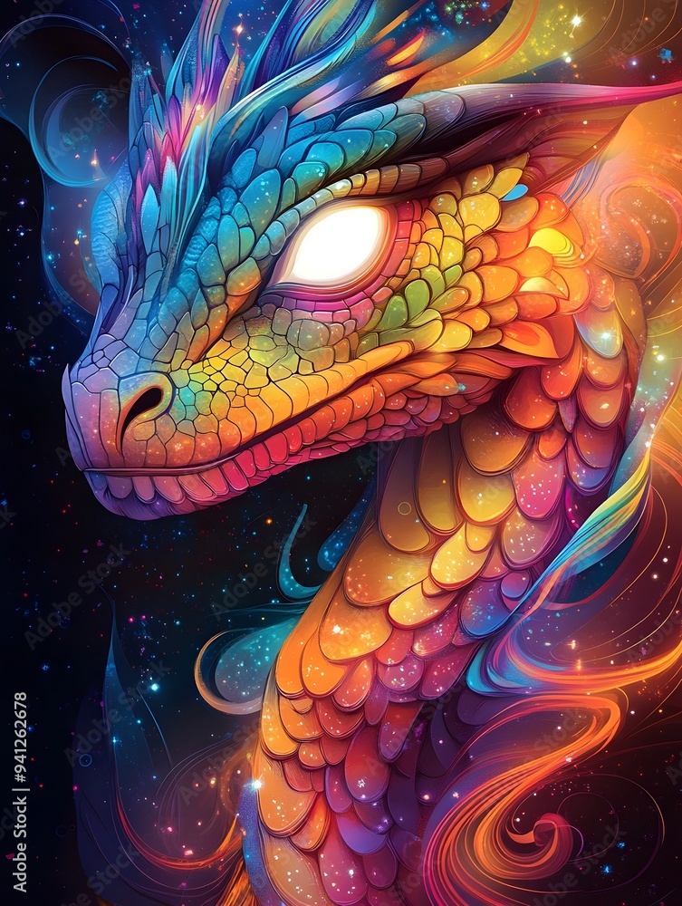 Vibrant Rainbow Dragon Face with Swirling Cosmic Light Beams,Digital Psychedelic Vibrant Rainbow Dragon Face with Swirling Cosmic Light Beams,Digital Psychedelic