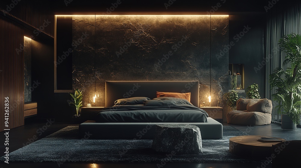 Modern bedroom with cozy seating, ambient lighting, and greenery in a stylish urban apartment at night Modern bedroom with cozy seating, ambient lighting, and greenery in a stylish urban apartment at night