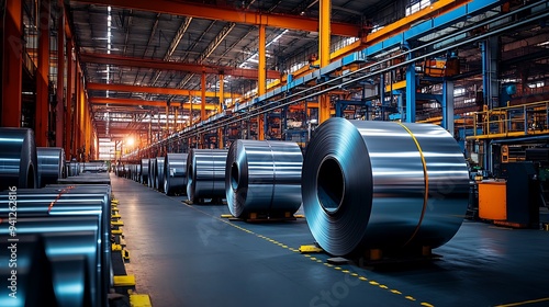 Industrial warehouse interior with steel coils, selective focus, cool lighting