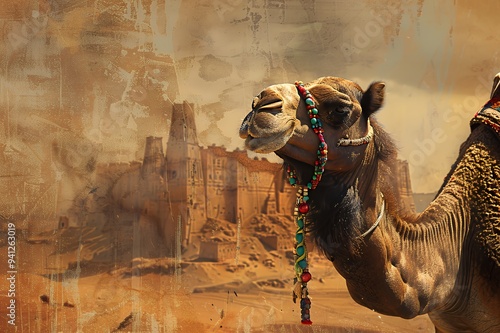 A camel adorned with colorful accessories against a desert landscape and ancient ruins. photo