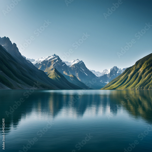 Beautiful lake and mountain scenery, wild natural landscapes, distant mountains with faint shadows