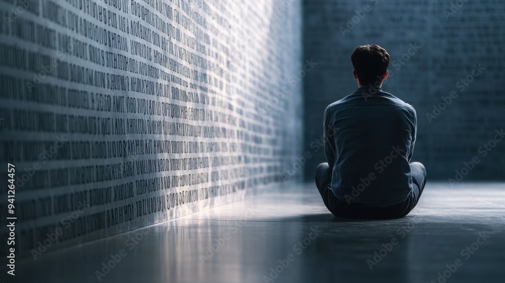 A person sitting alone in a corner with dark shadows of words like A person sitting alone in a corner with dark shadows of words like