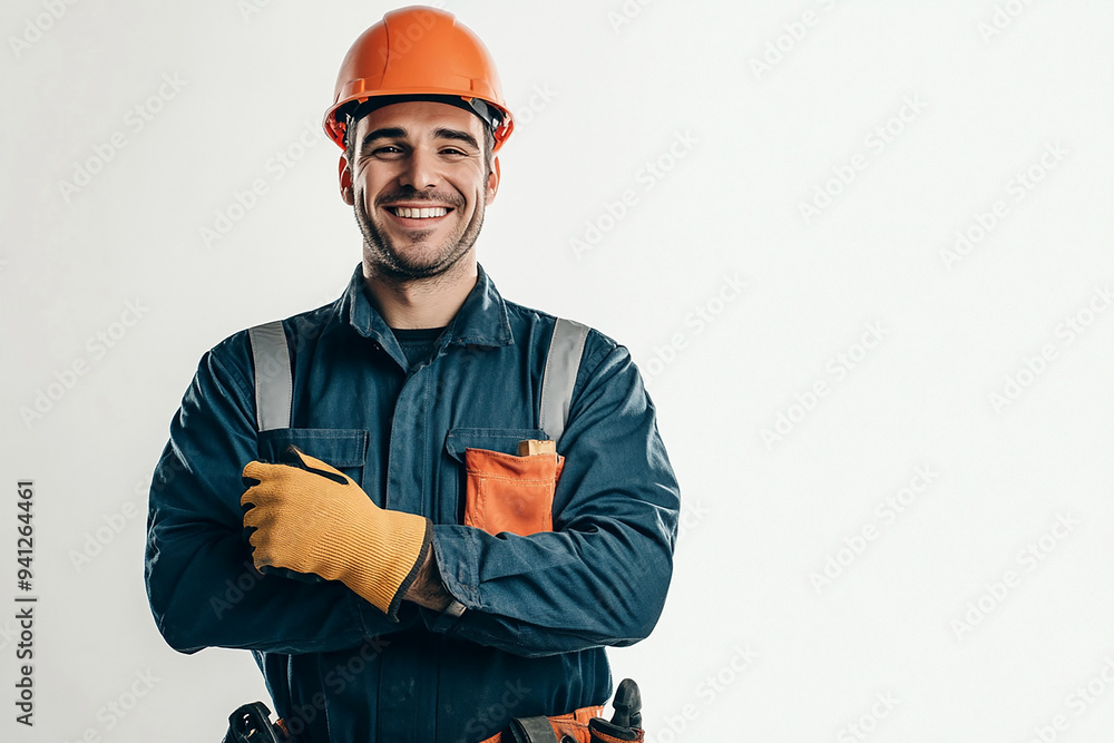 Worker wearing hard hat smiling positively Worker wearing hard hat smiling positively