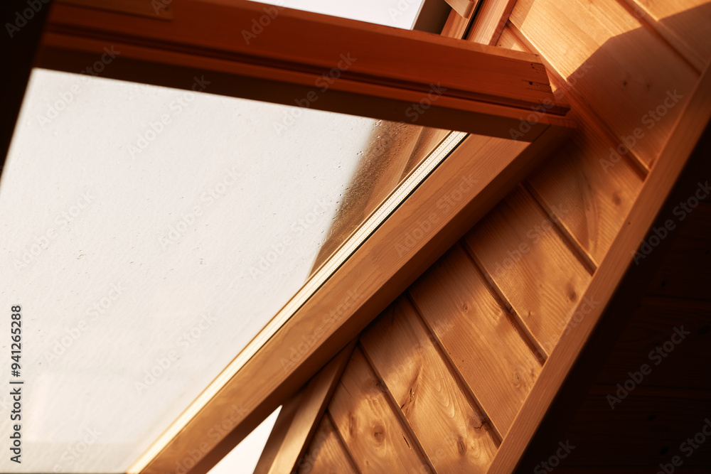 Sunrise light through an open, dewy roof window Sunrise light through an open, dewy roof window