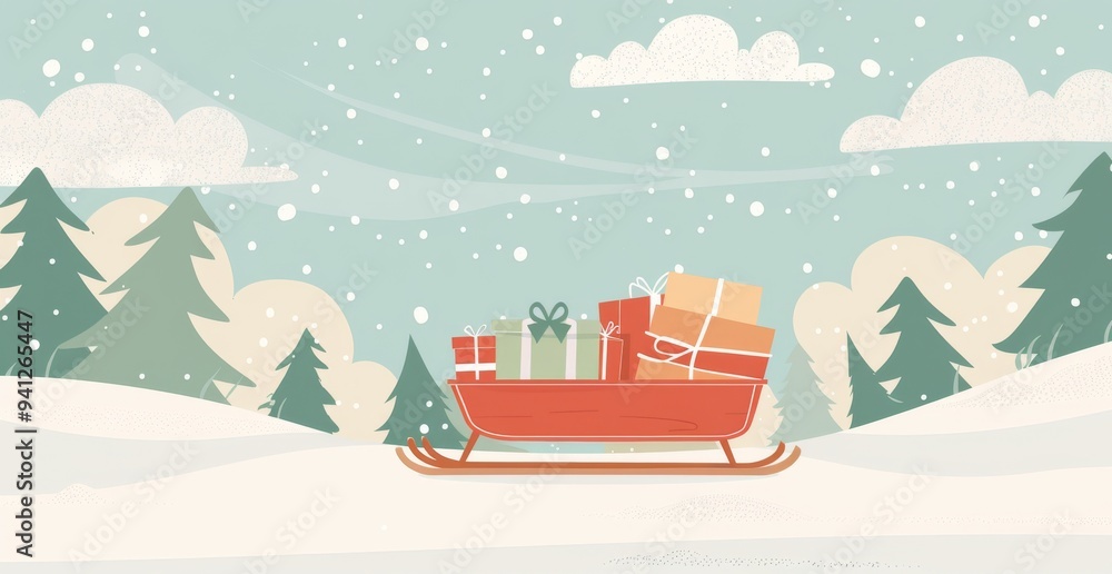 Naklejka premium In a tranquil winter setting, a red sled brimming with vibrant presents represents the happiness of the festive period, as soft snowflakes gently descend, enhancing the serene atmosphere