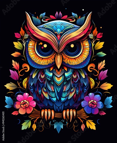 Colorful abstract owl illustration with intricate floral patterns and vibrant details on a dark background photo