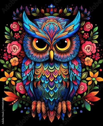 Colorful abstract owl illustration with intricate floral patterns and vibrant details on a dark background