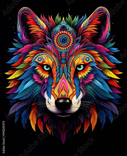 Vibrant abstract wolf head with intricate patterns and colorful geometric designs on a dark background photo