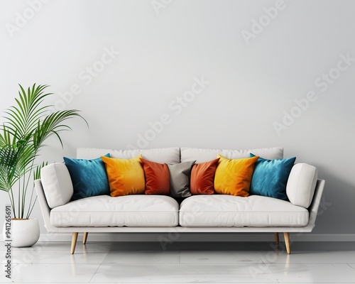 Colorful throw pillows on a white sofa in a modern living room with minimalist decor