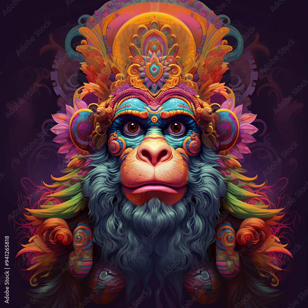 A vibrant, artistic depiction of a monkey with colorful patterns and intricate designs. A vibrant, artistic depiction of a monkey with colorful patterns and intricate designs.