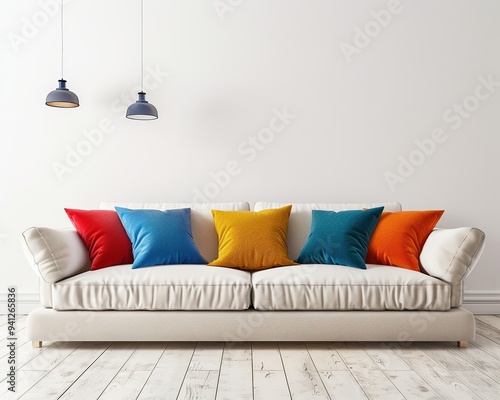 Colorful throw pillows on a white sofa in a modern living room with minimalist decor