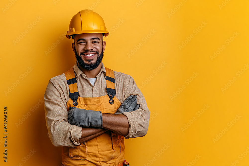 Worker wearing hard hat smiling positively Worker wearing hard hat smiling positively