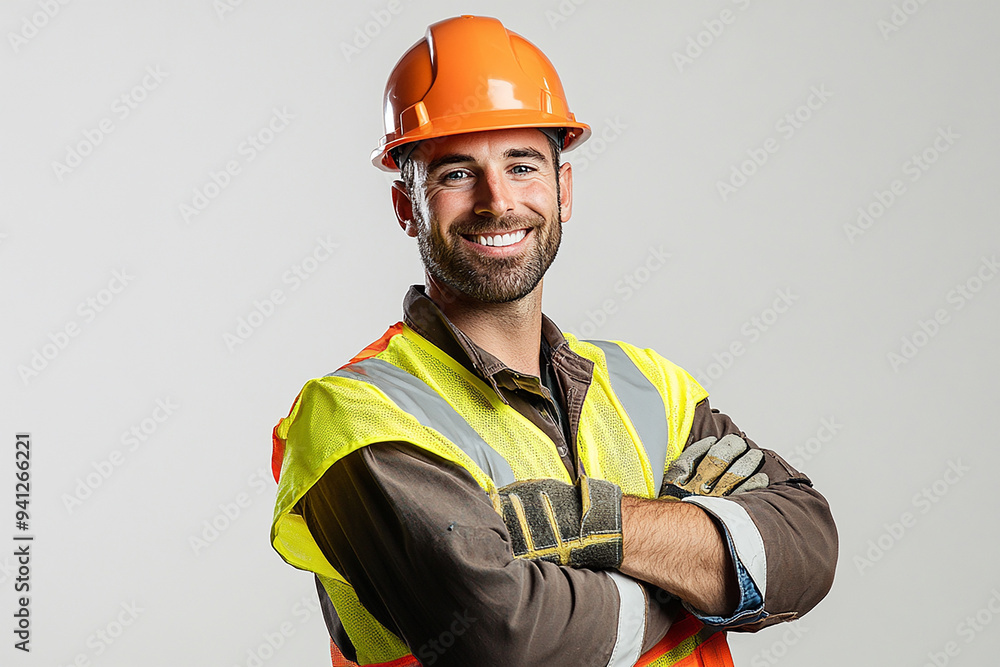 Worker wearing hard hat smiling positively Worker wearing hard hat smiling positively