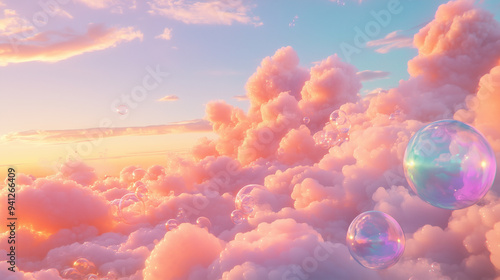 Rainbow Colored Soap Bubbles Cloudscape Background. Fluffy Soothing Unicorn Fairytale Wallpaper. Pink Sunset, Sunrise over Water. Rainbow Airy Flying Soap Bubbles. Gradient Sky Romantic Cloudscape.