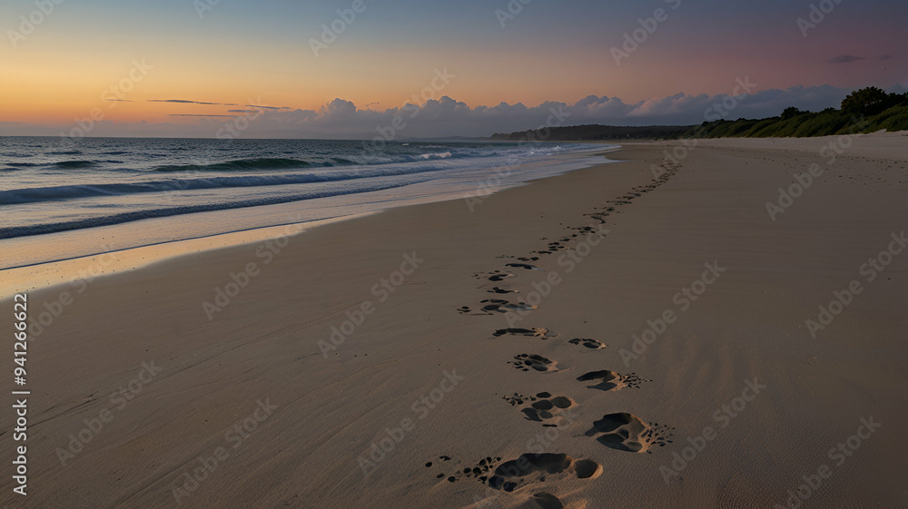 A serene beach with footprints leading towards the water’s edge at dusk. Background