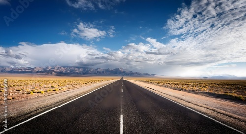 Empt Road leading trough dessert mountains and blu sky wiyh clouds in background 