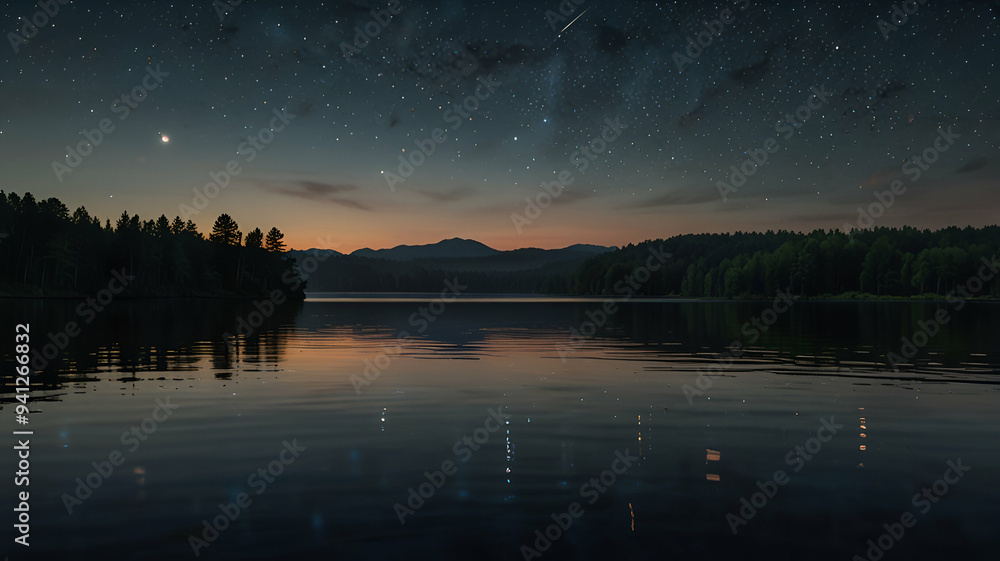 A crescent moon rising over a calm lake, with fireflies glowing softly in the foreground. Background A crescent moon rising over a calm lake, with fireflies glowing softly in the foreground. Background