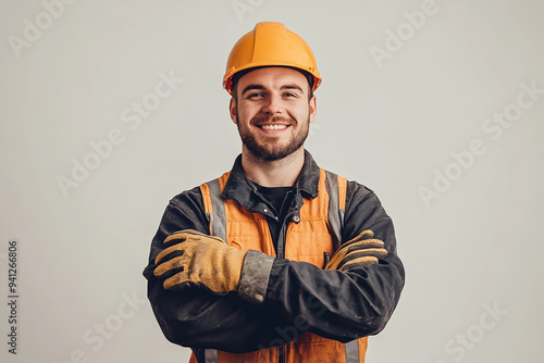 Worker wearing hard hat smiling positively