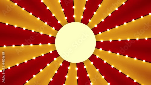 Circus animated rotation looped background of red and gold lines stripe with star constellations light bulbs tinsel. Retro motion graphic sun beam ray. Circle for your text in centre. Fun fair burst.