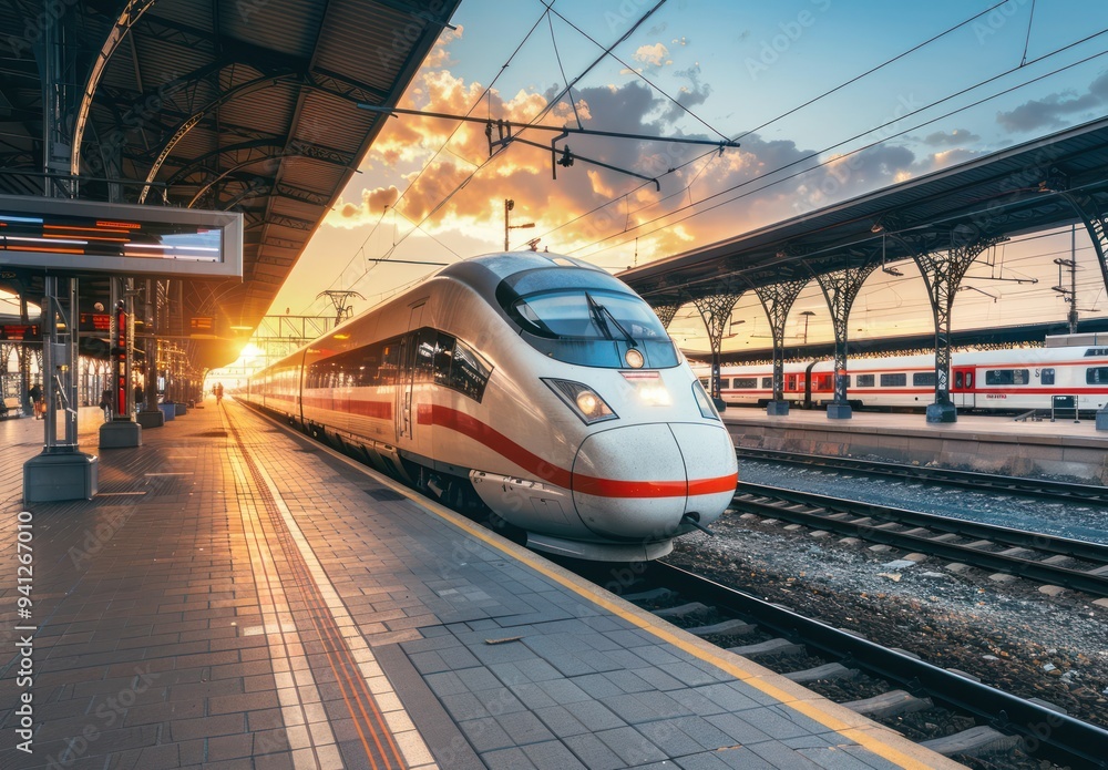 Fototapeta premium High-Speed Train at Sunset Station