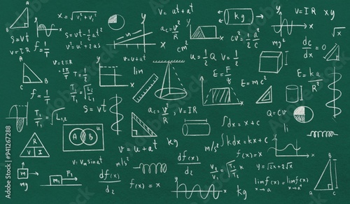 Obraz na plátně Education concept, formula, equation on green board, mathematics, physics, scien