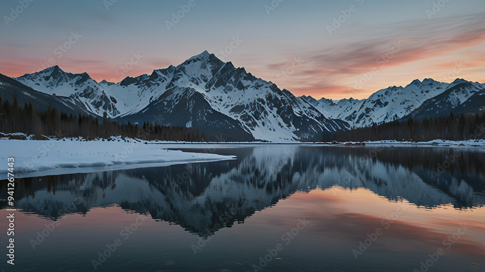 A snowy mountain range reflected perfectly in the still waters of a frozen lake. Background A snowy mountain range reflected perfectly in the still waters of a frozen lake. Background