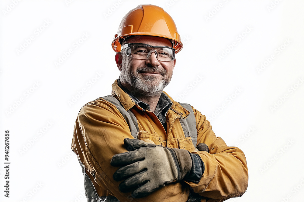 Worker wearing hard hat smiling positively Worker wearing hard hat smiling positively