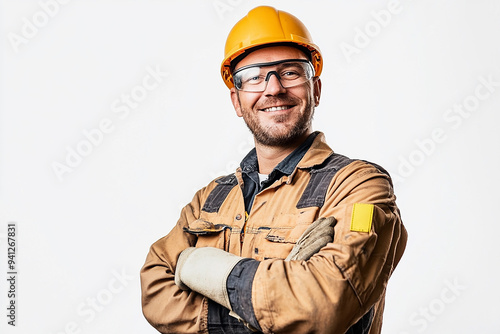 Worker wearing hard hat smiling positively